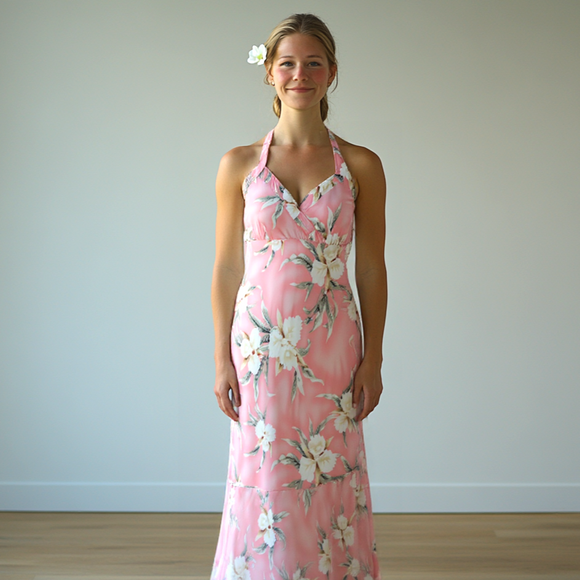 Halter Pink Plumeria Hawaiian Dress