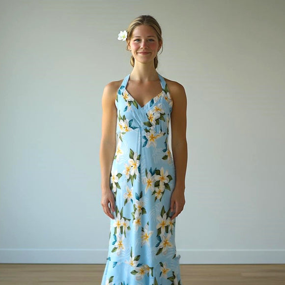 Halter Mid Light Blue Plumeria Hawaiian Dress