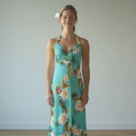 Halter Teel Green Plumeria Hawaiian Dress