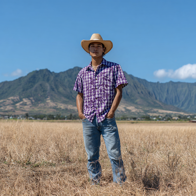Mens Aloha Shirt l Hand Printed Purple Maile Puakenikeni on Palaka - 018 - 0