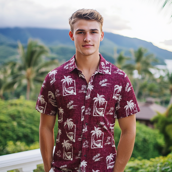 Hatch Pattern Palm Tree and Boat Hawaiian Shirt