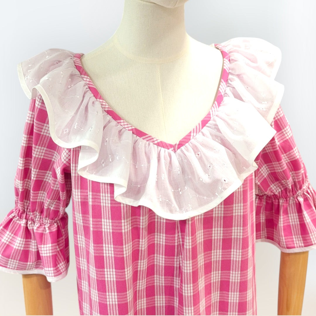 Hawaiian Pink Palaka Muumuu with White Ruffle 8631 | Muumuu Mall