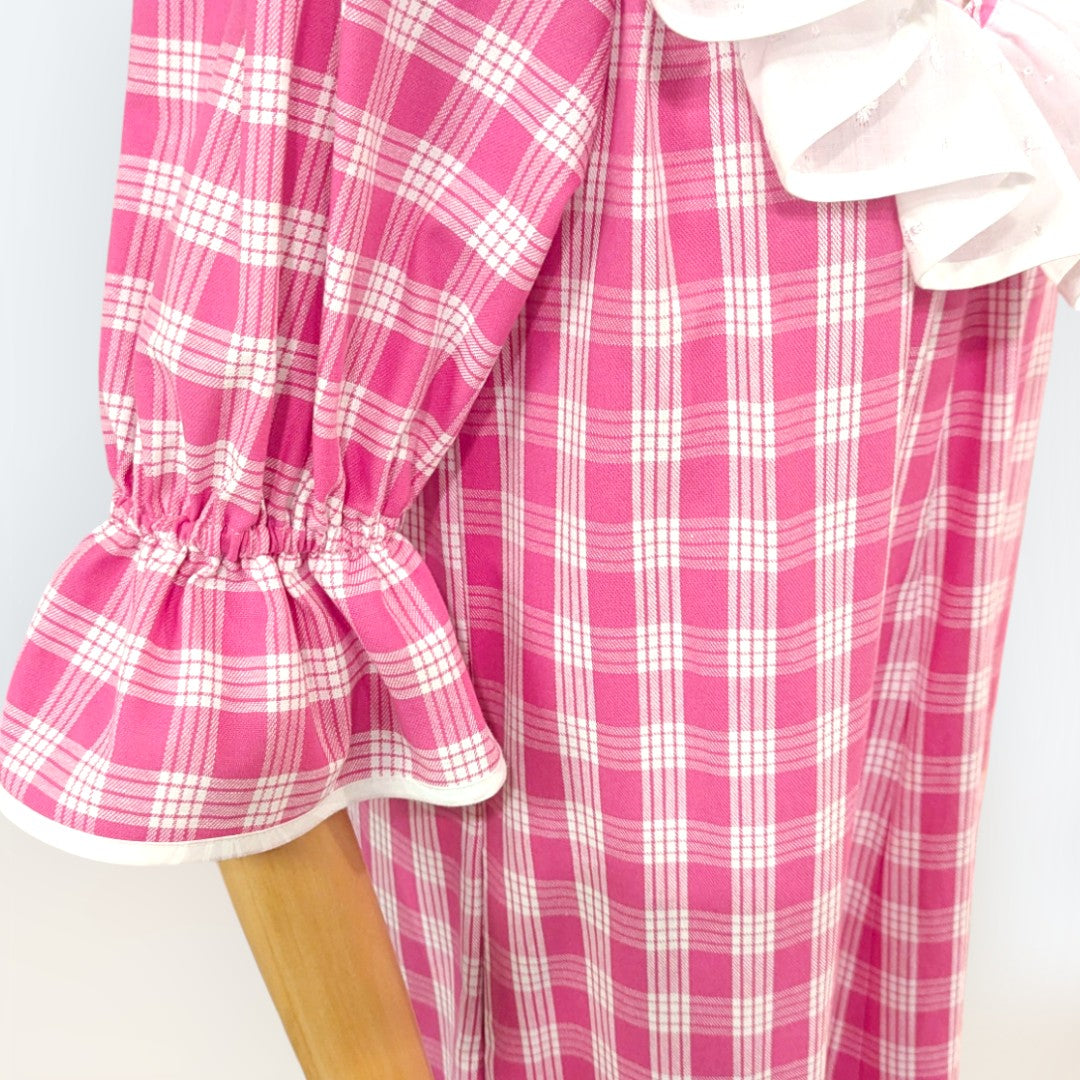 Hawaiian Pink Palaka Muumuu with White Ruffle 8631 | Muumuu Mall