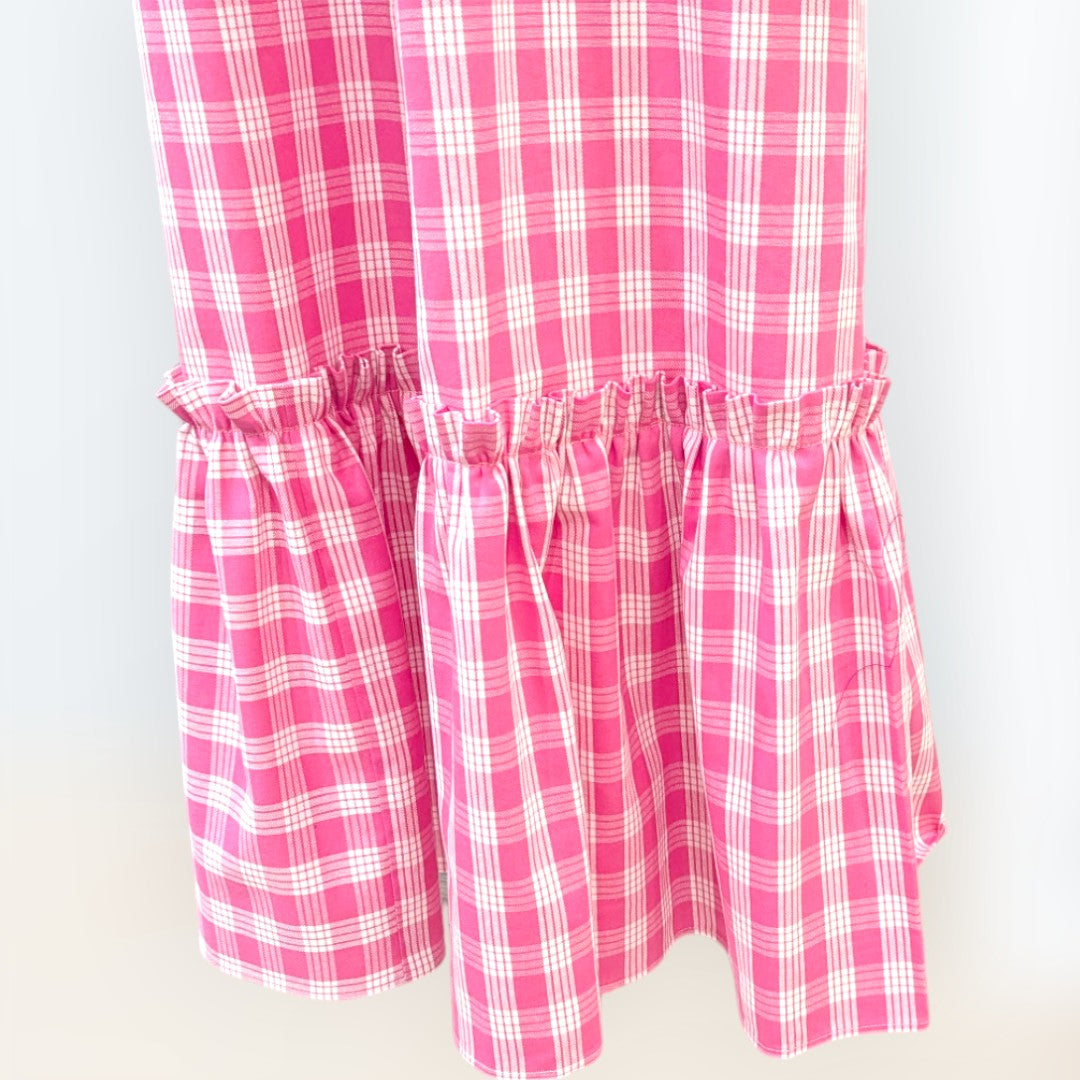 Hawaiian Pink Palaka Muumuu with White Ruffle 8631 | Muumuu Mall