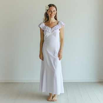 Hawaiian Dress – White Ruffle Neckline & Hibiscus Print