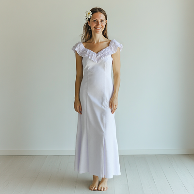 Hawaiian Dress – White Ruffle Neckline & Hibiscus Print