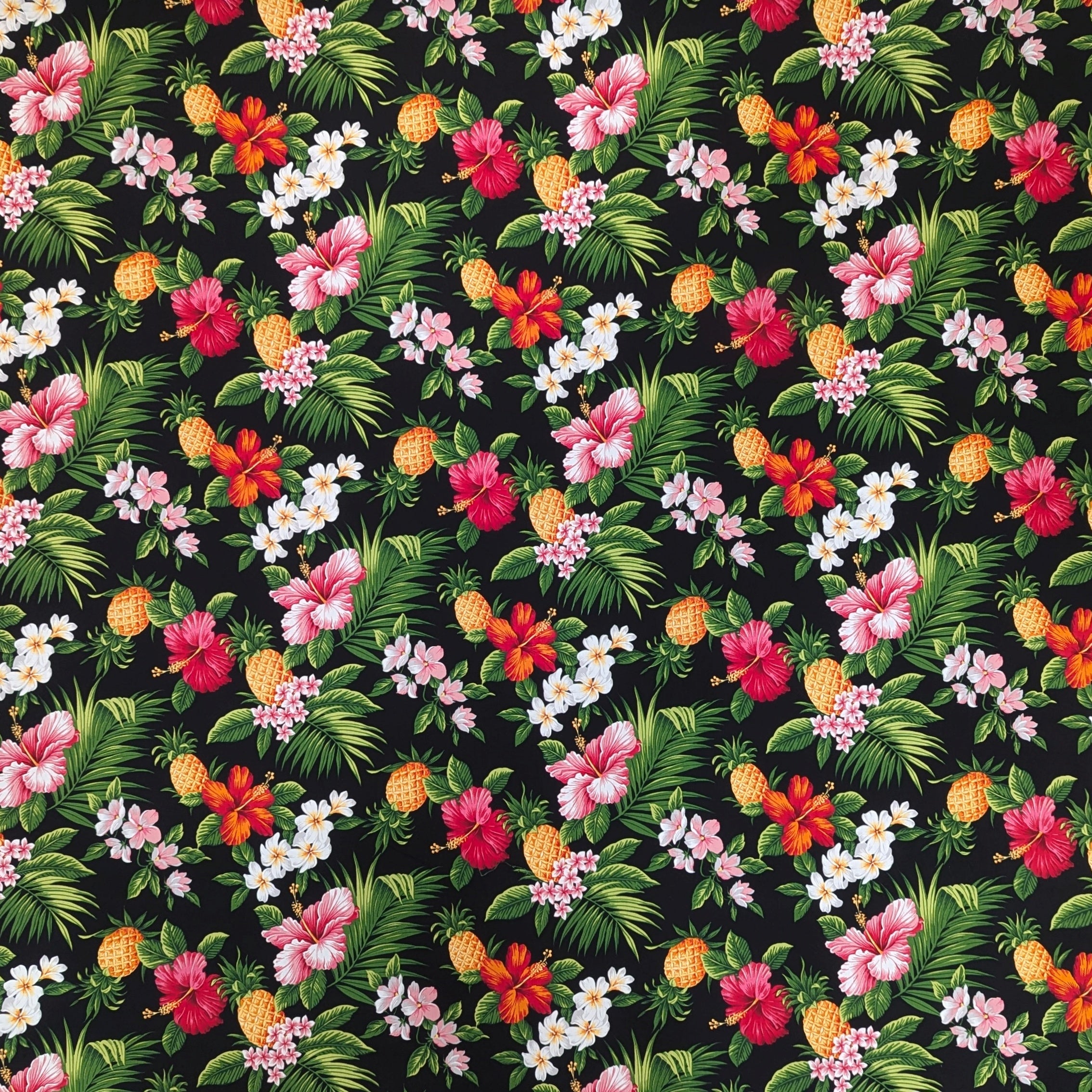 Hawaiian Fabric Pineapple Hibiscus Plumeria Black