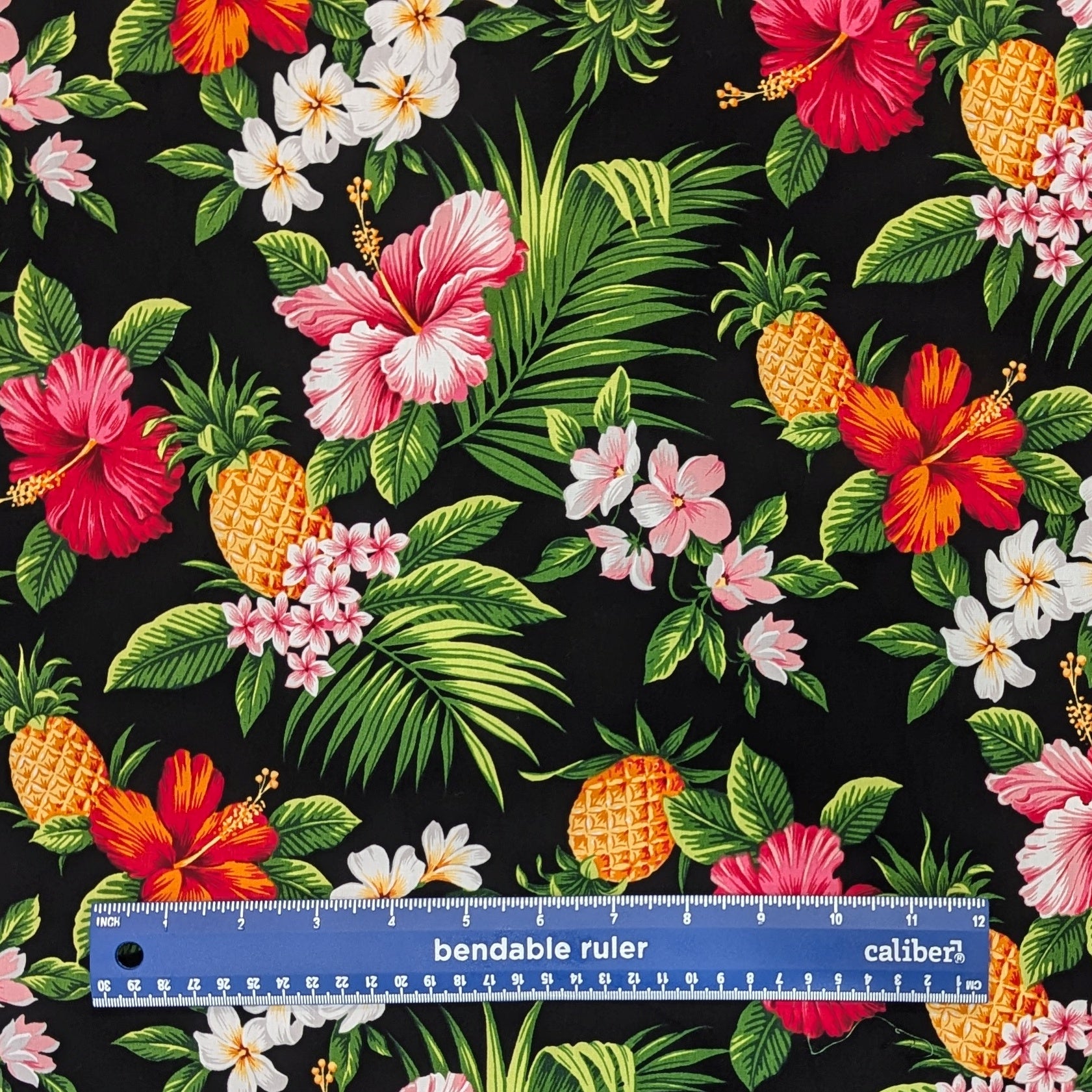 Hawaiian Fabric Pineapple Hibiscus Plumeria Black