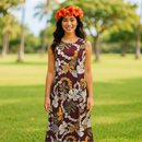 Hawaiian Floral Lei Long Cotton Resort Dress Maroon