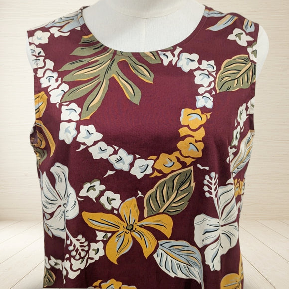 Hawaiian Floral Lei Long Cotton Resort Dress Maroon