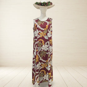 Hawaiian Floral Lei Long Cotton Resort Dress Maroon