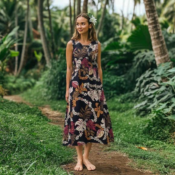 Hawaiian Floral Lei Resort Dress Black