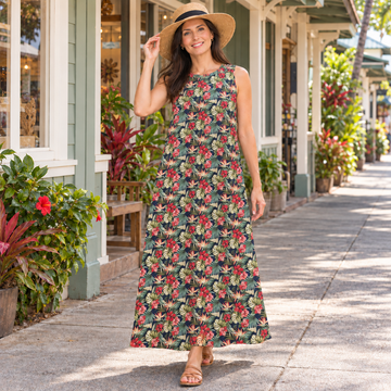 Hawaiian Tropical Hibiscus & Monstera 2-Way Neck A-Line Dress – Navy