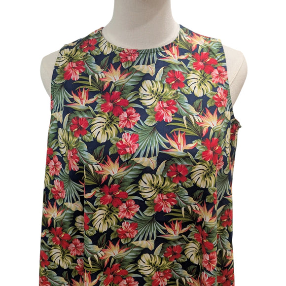 Hawaiian Tropical Hibiscus & Monstera 2-Way Neck A-Line Dress – Navy