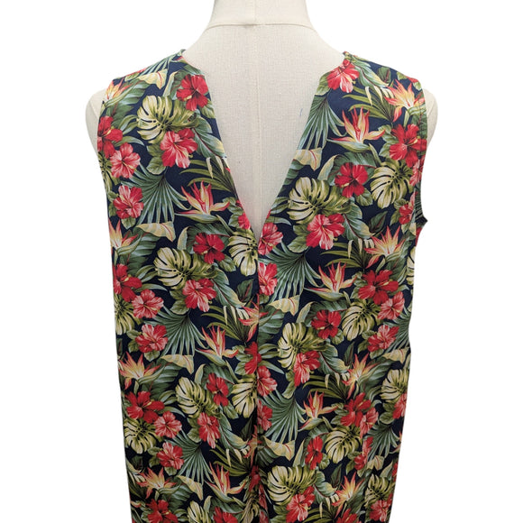Hawaiian Tropical Hibiscus & Monstera 2-Way Neck A-Line Dress – Navy