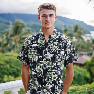 Hawaiian Kayak & Hibiscus Reverse Cotton Aloha Shirt  Black, Blue