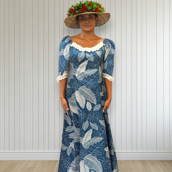 Hawaiian Long Flare Dress Navy Leaf