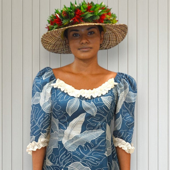 Hawaiian Long Flare Dress Navy Leaf