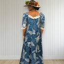 Hawaiian Long Flare Dress Navy Leaf