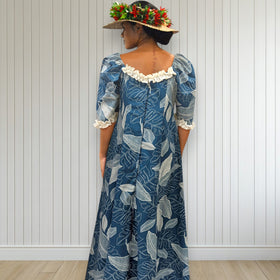 Hawaiian Long Flare Dress Navy Leaf