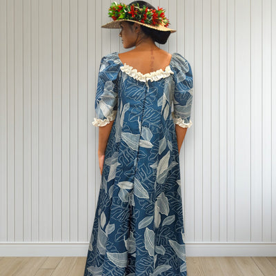 Hawaiian Long Flare Dress Navy Leaf