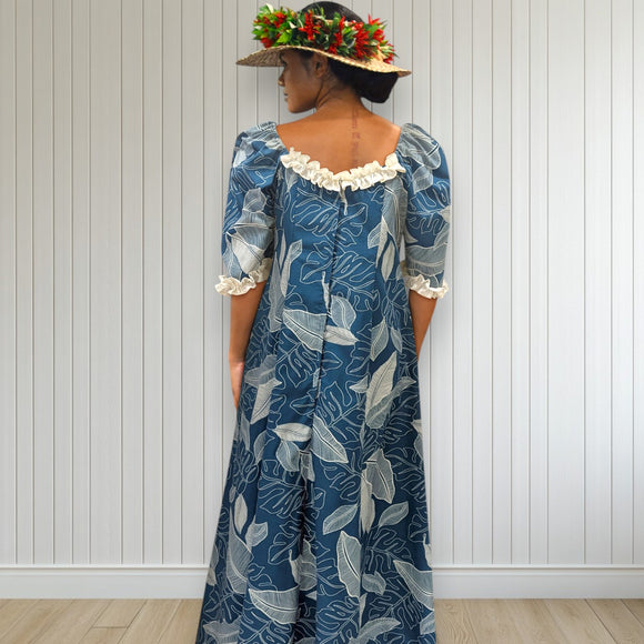 Hawaiian Long Flare Dress Navy Leaf