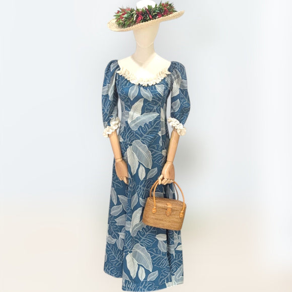 Hawaiian Long Flare Dress Navy Leaf