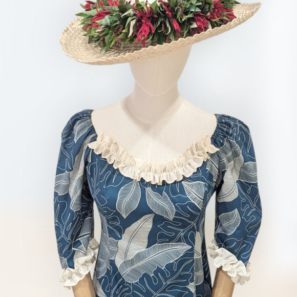 Hawaiian Long Flare Dress Navy Leaf