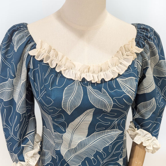 Hawaiian Long Flare Dress Navy Leaf