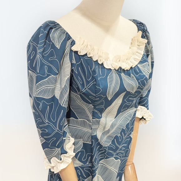 Hawaiian Long Flare Dress Navy Leaf