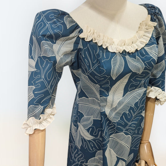 Hawaiian Long Flare Dress Navy Leaf