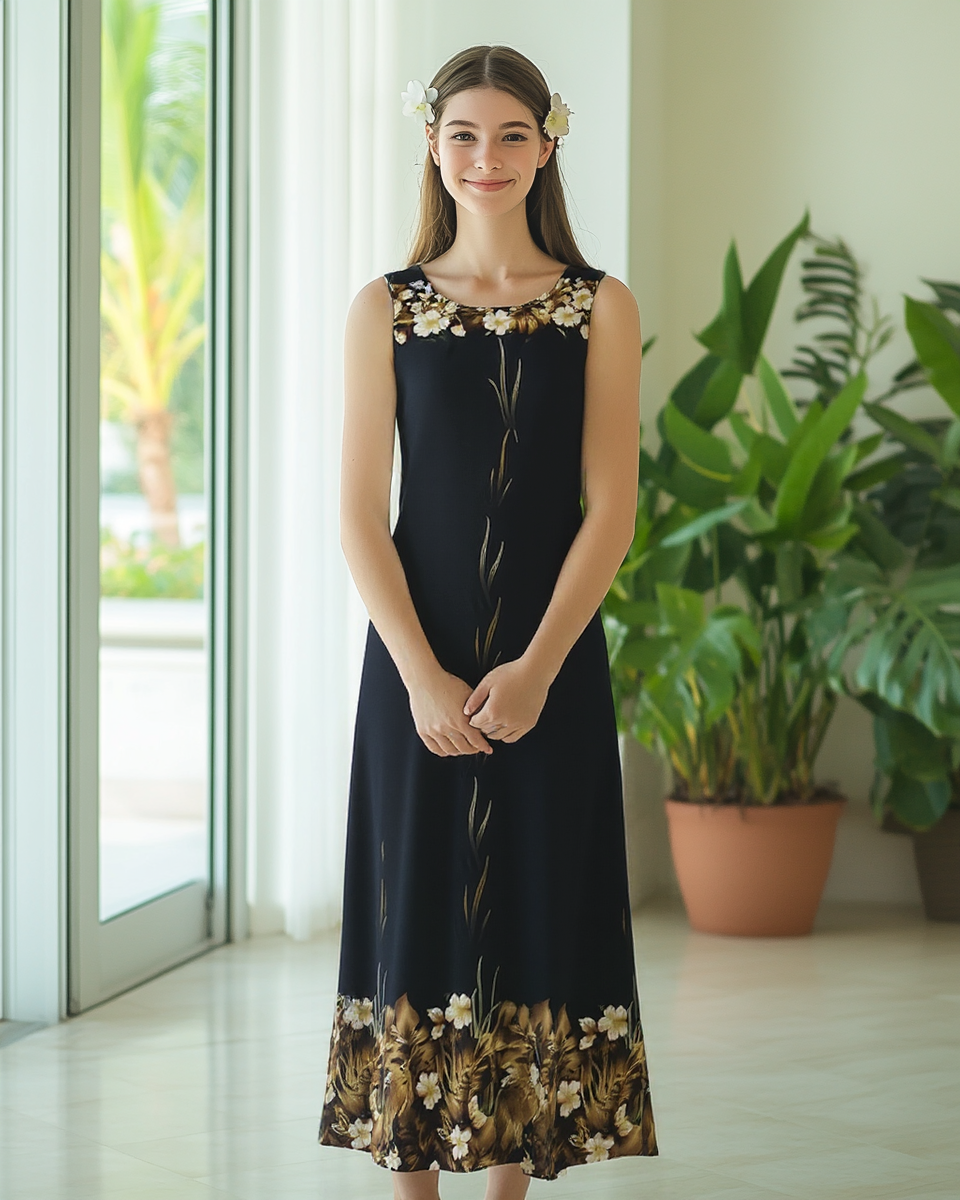 Hawaiian Long Column Dress | Black & White 2XL / Black Hawaiian Long Column Dress | Black & White 2XL / Black