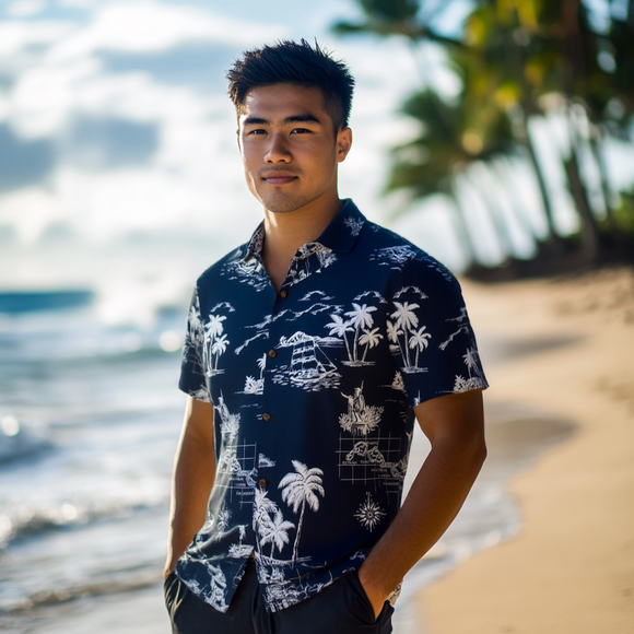 Hawaiian Ocean Map Aloha Shirt  Navy