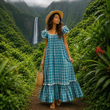 Traditional Hawaiian Palaka Ribbon Shoulder Muumuu Dress – Vintage Cotton Resort Maxi Dress 8421