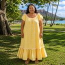 Traditional Hawaiian Palaka Ribbon Shoulder Muumuu Dress – Vintage Cotton Resort Maxi Dress 8421-3