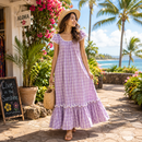 Traditional Hawaiian Palaka Ribbon Shoulder Muumuu Dress – Vintage Cotton Resort Maxi Dress 8421-2