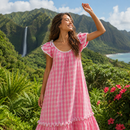 Traditional Hawaiian Palaka Ribbon Shoulder Muumuu Dress – Vintage Cotton Resort Maxi Dress 8421-5