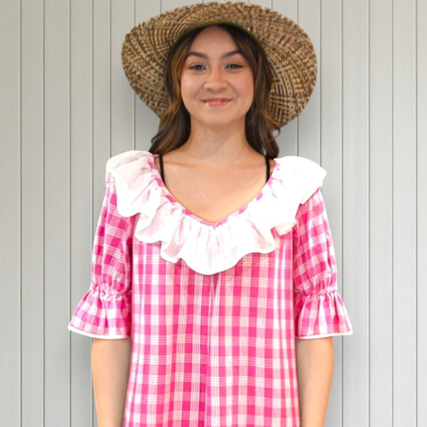 Hawaiian Pink Palaka Muumuu with White Ruffle 8631 | Muumuu Mall