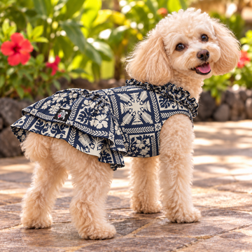 Hawaiian Quilt Dog Dress – Navy Blue & Cream Traditional Patchwork Print | Made in Hawaii