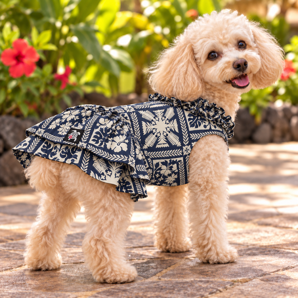 Hawaiian Quilt Dog Dress – Navy Blue & Cream Traditional Patchwork Print | Made in Hawaii