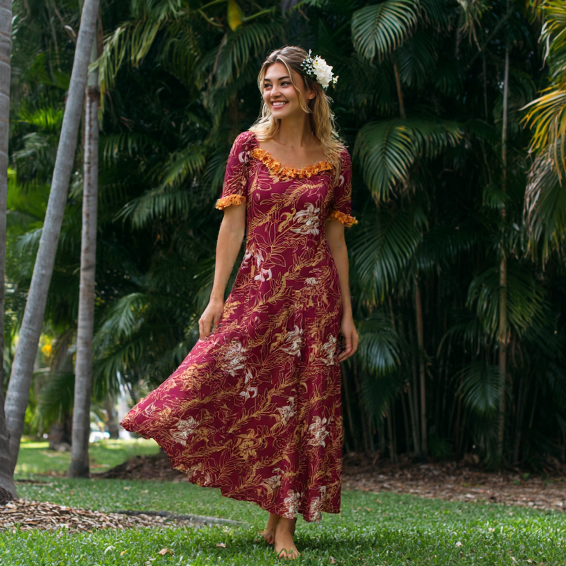 Hawaiian Red & Orange Floral Ruffle Dress | 3/4 Sleeve Island Style