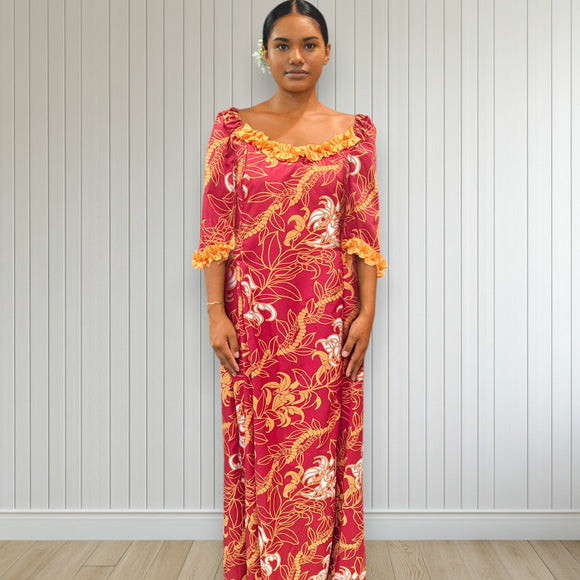 Hawaiian Red Floral Ruffle Dress