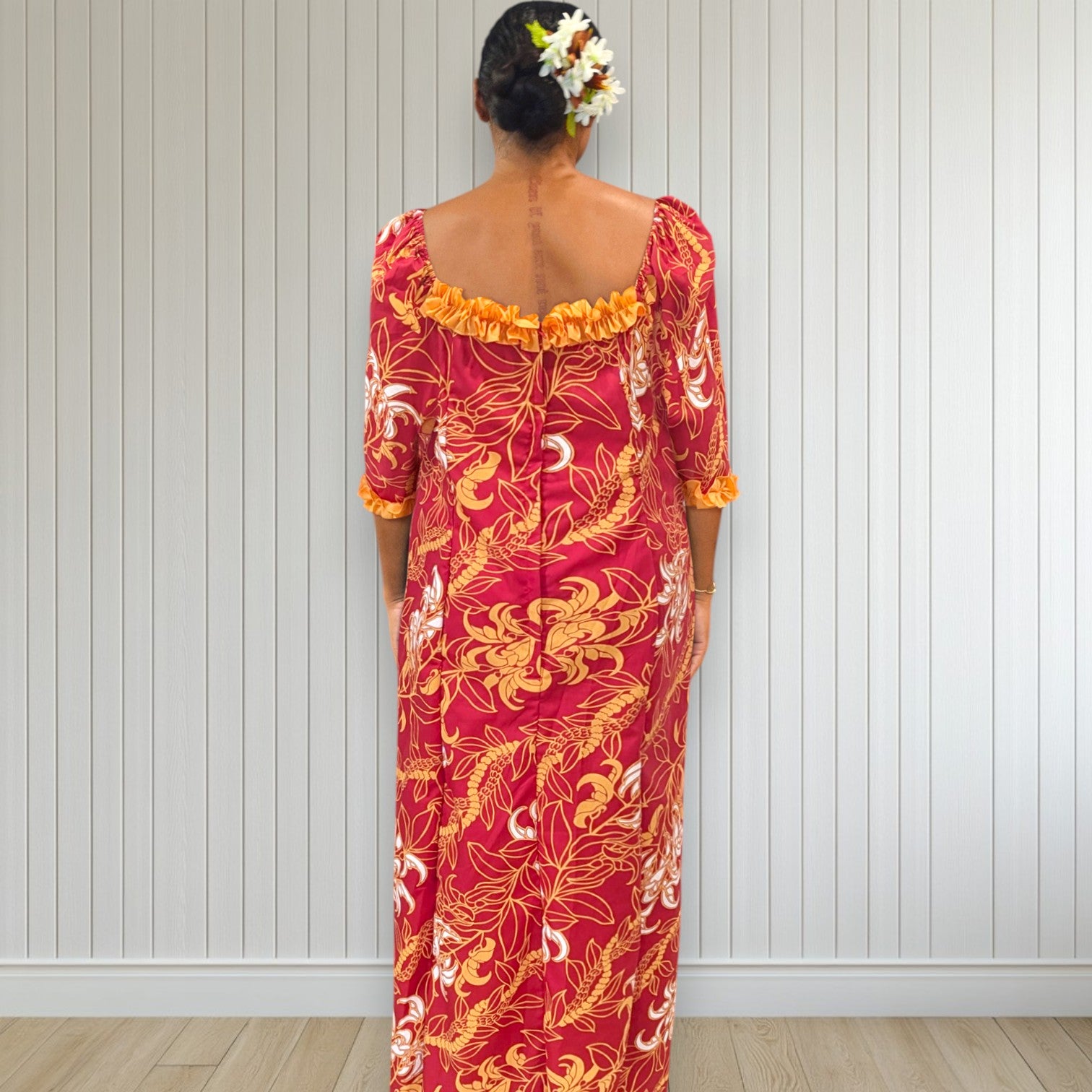Hawaiian Red & Orange Floral Ruffle Dress | 3/4 Sleeve Island Style 20 Hawaiian Red & Orange Floral Ruffle Dress | 3/4 Sleeve Island Style 20