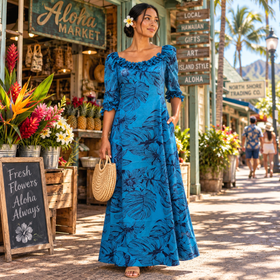 Tropical Teal Green Leaf Ruffle Dress – Hawaiian Cotton Elegance 286L