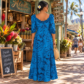 Tropical Teal Green Leaf Ruffle Dress – Hawaiian Cotton Elegance 286L - 0