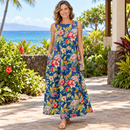 Hawaiian Tropical Flower Print 2-Way Neck A-Line Dress – Blue-1