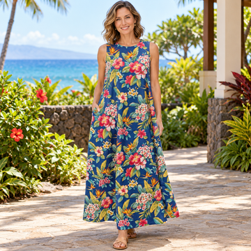 Hawaiian Tropical Flower Print 2-Way Neck A-Line Dress – Blue
