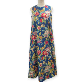 Hawaiian Tropical Flower Print 2-Way Neck A-Line Dress – Blue - 0