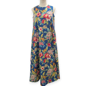 Hawaiian Tropical Flower Print 2-Way Neck A-Line Dress – Blue - 0