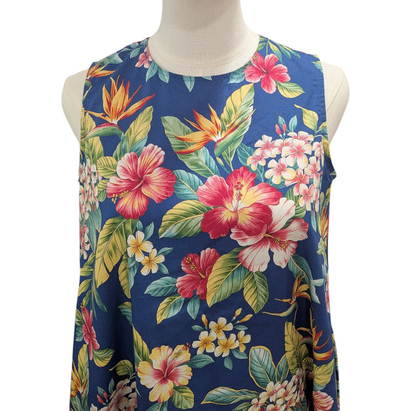 Hawaiian Tropical Flower Print 2-Way Neck A-Line Dress – Blue